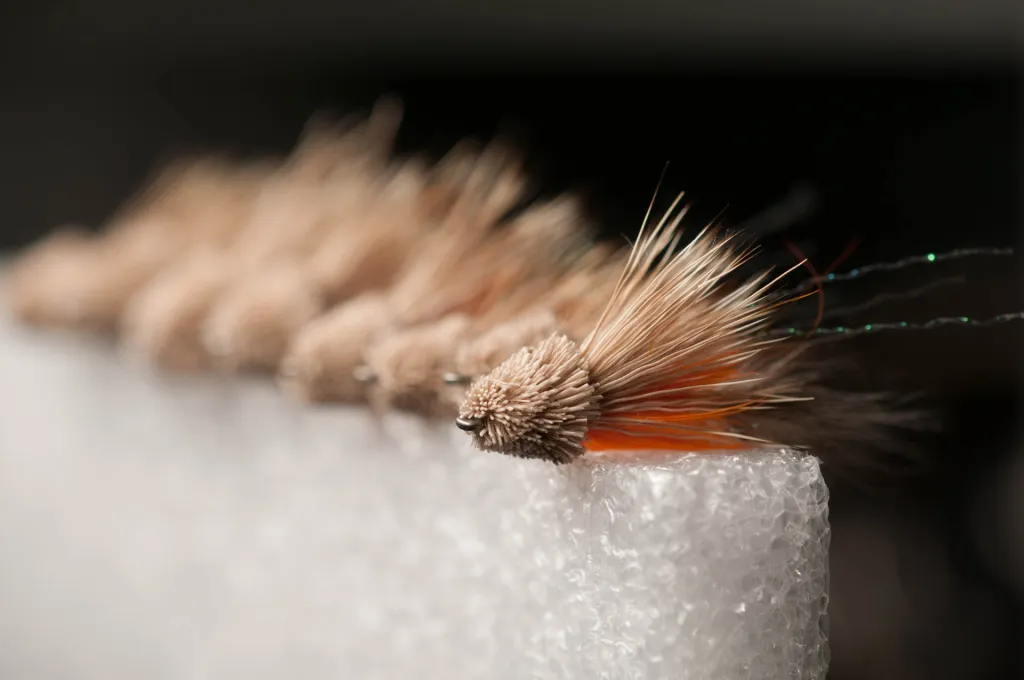 A small row of fishing flies