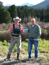 The originator - Miscellanea Emerger originator and author Joe Kissane (right) and GFF partner Steve Schweitzer (left) with Kissane's book "Drag Free Drift"