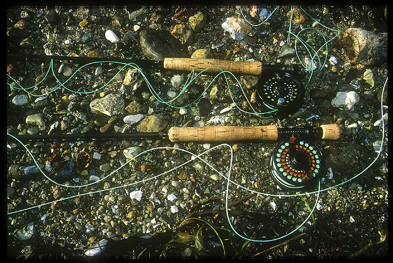 Stiff vs. supple - The line in the top of this picture is an older intermediate line, which suffers hard under the cold temperatures. The curling is visible and can be felt in every cast. The line on the lower rod is the Monic that falls in large, soft loops even in this cold weather.