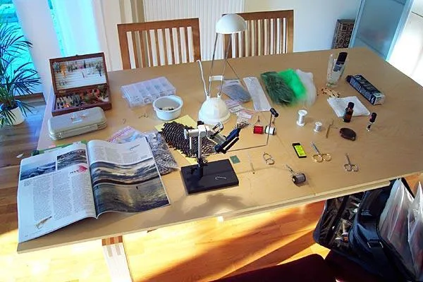 The usual mess - As dinner tables look in many fly tiers' homes.