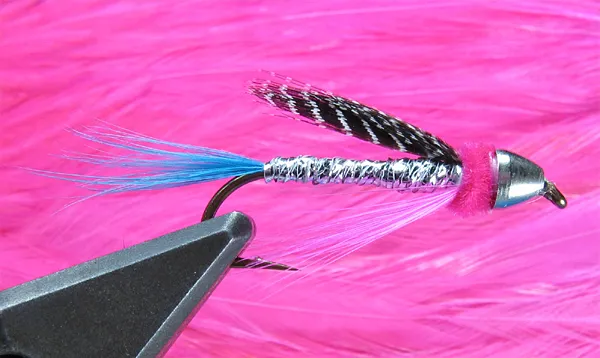 Blekablatt on pink - The pink background is not a good choice for a fly with this many pink details - and probably not a good choice no matter what. Neutral or \"natural\" colors usually work better.