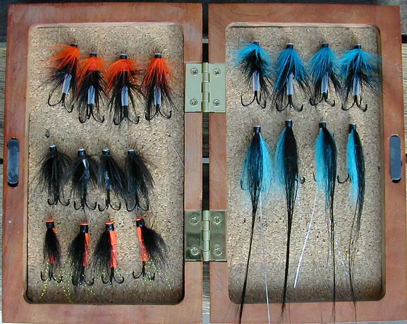 Flybox 1 - The box contains from the top left: B & O's, B & B's, B's, Blueray Shadows, Orange Divers.