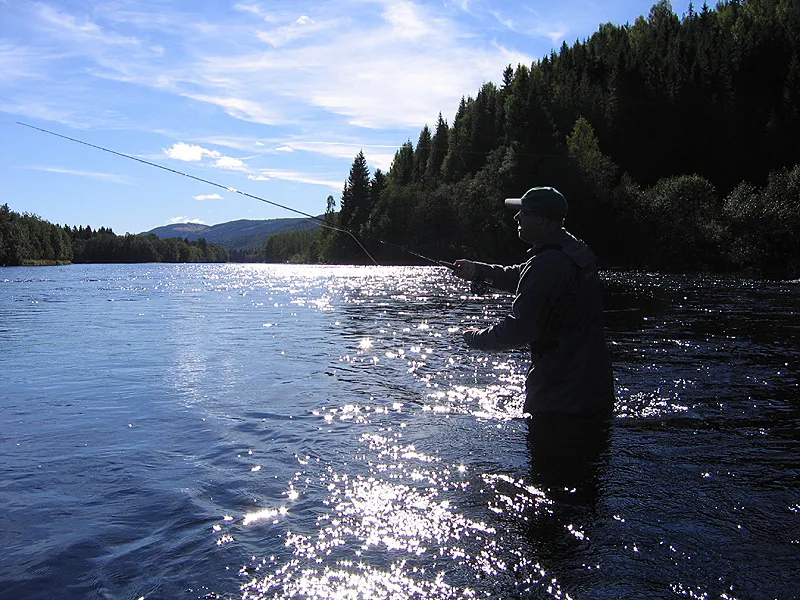Difficult light - Shooting against the sun and with lots of water in the picture will always pose a problem. Underesposure may mean lost dark areas, but saves the picture anyway. Had the forest and the angler been well lit, the water and sky would have been ruined.