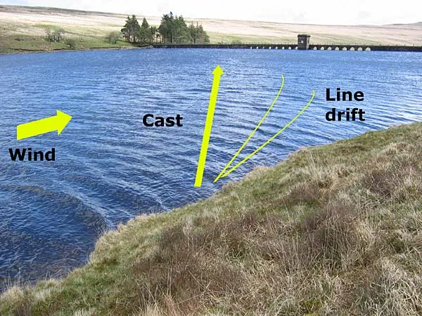 Drifting in the wind - This picture shows the way to fish the two or three fly rig with the Diawl Bach: with the back to the wind, cast out at an angle and let the flies drift with the moving surface. See the text for more details.