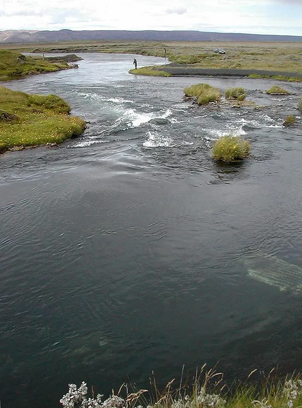Downstream - Larger fish will often be resting in the deeper parts below small falls like this one on the Litlaá. A deeply fished Woolly Bugger or Dog Nobbler can do wonders in such places.