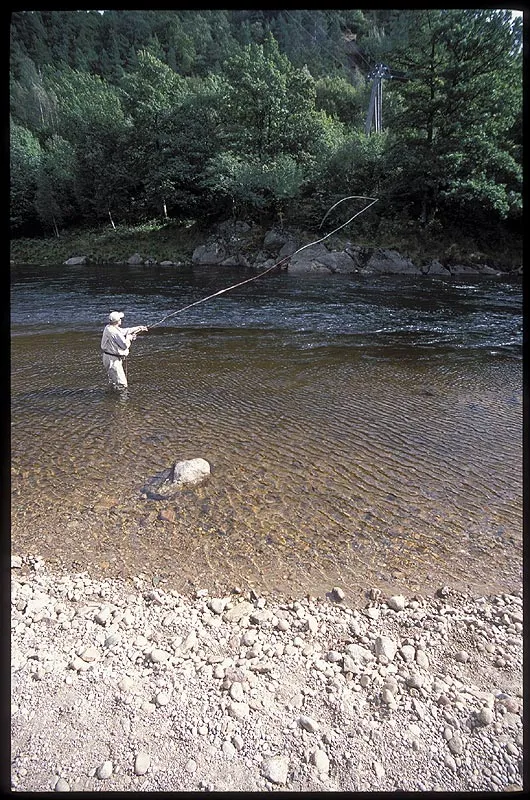 A promising stretch - This is a classical salmon lie: deeper water cuts under the opposite bank leaving some calm water for the fisher to stand in. A few large boulders create turbulence and shelter down there. The fish will be moving right outside the seam between the fast and the slow water. We saw many fish here, but felt nothing.