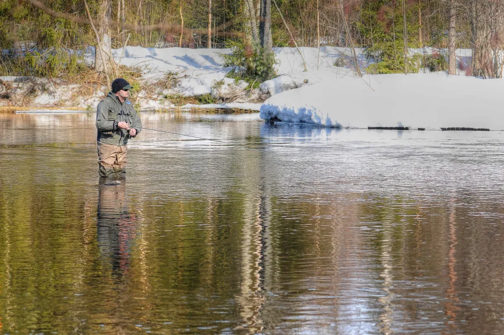 Ask your grandfather - The two most important things to remember in the early spring wading: 1. Beware not to step on trout eggs which are still in the bottom of the river 2. Wear enough warm clothes under your waders to prevent a health issue with your prostate. Not a nice thing. Ask your grandfather.
