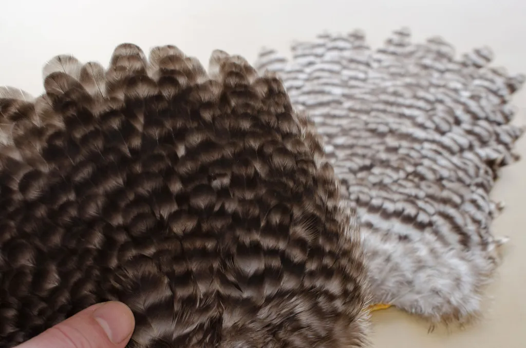 Soft feathers - The typical hen saddle or neck has soft, rounded feathers. These two are both grizzly, but show the possible variation even amongst similar products