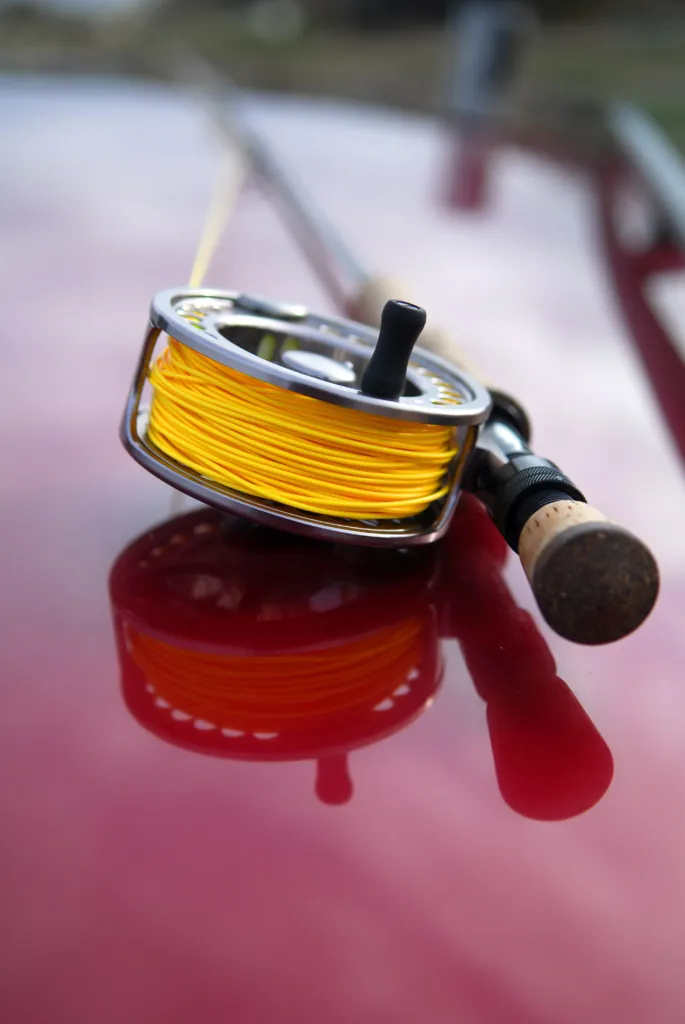 Colorful line - The fly line is often bright. It\'s rarely seen by the fish, and the fly is tied onto it using thinner and more invisible lines - a leader and a tippet