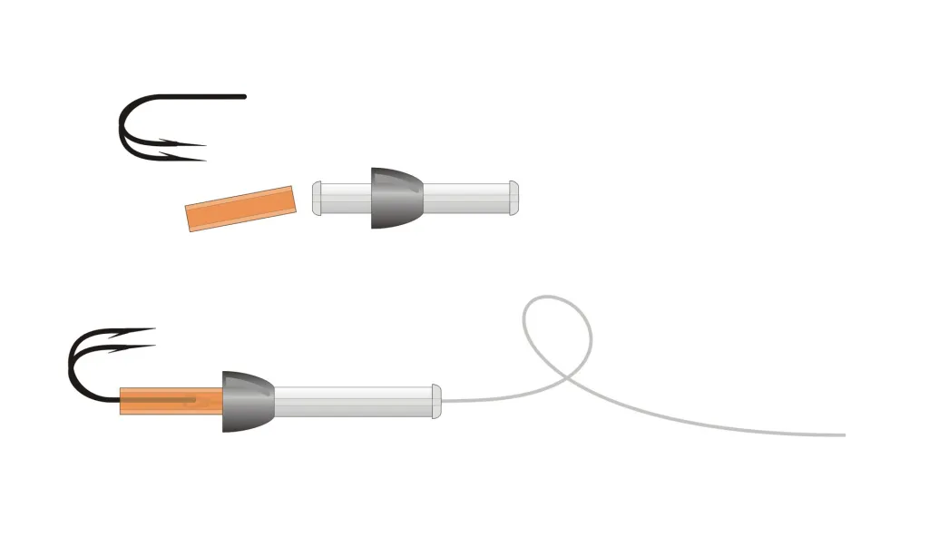 The parts, the hook mount - The bead or cone rests against the collar on the rear part of the tube. The front collar is made before spinning the deer hair. Mount the hook after passing the tippet through the tube and a piece of soft junction tube.