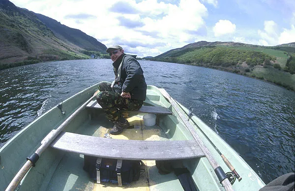 Fisheye view - A fisheye view of Paul in the boat on Tal-y-Llyn - a most beautiful lake in Wales.