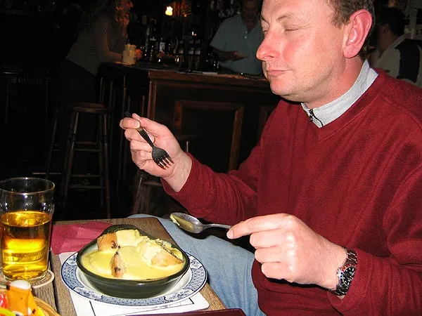 Spotted Dick - Spotted Dick is the desert, not the person. The person is Paul Slaney obviously enjoying the double serving of this traditional British sweet.
