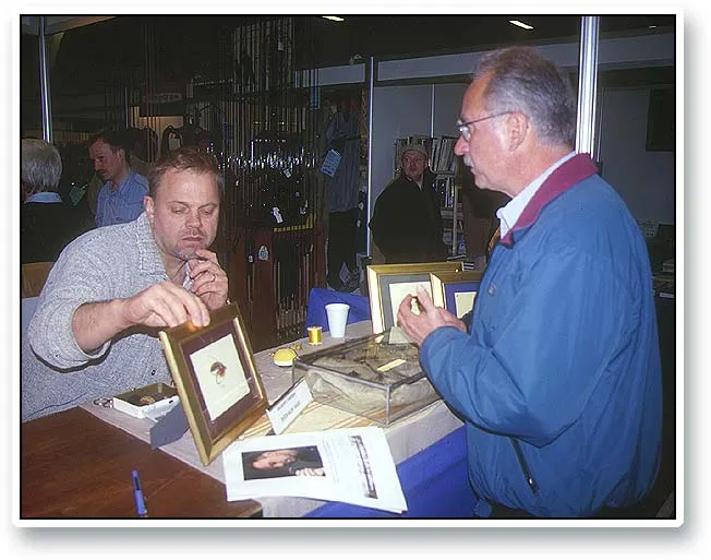Sven and Marvin - Sven Holm and Marvin Nolte - probably discussing salmon flies. Notice that Sven ties without a vice.