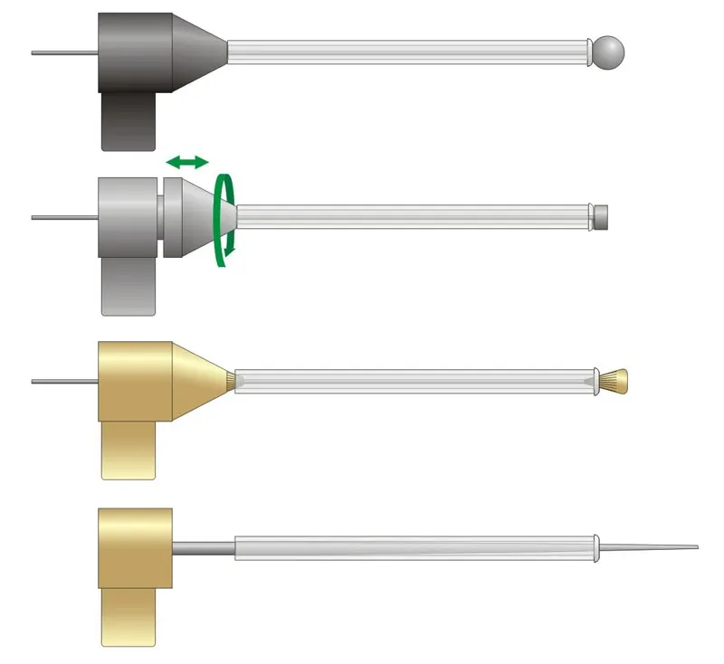 Adapter types - Some of the different holding mechanisms of the most common type of adapter:<br />
1) The top one just squeezes the tube and has no additional help. <br />
2) The top middle one features a screw that can be turned after the tube has been mounted and has a good grip. The small edge on the head of the mandrel is another means of holding the tube. <br />
3) The lower middle one utilizes small conical and serrated ends to keep the tube firmly set.<br />
4) The bottom one is a needle, which simply holds the tube by simple friction against the inside of the tube.