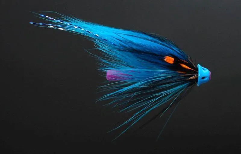 Vanish - The Vanish Fly. Purple Pro Flexitube, Bright blue Crystal Fiber tail, butt hackle and first hackle in bright blue, Pro Flexi Weight body, Raccoon wing, silver and blue flash, fire orange Jungle Cock, Black spey hackle and Pro Sonic Disc in blue. This one should lighten up things. Maybe for a steelhead...